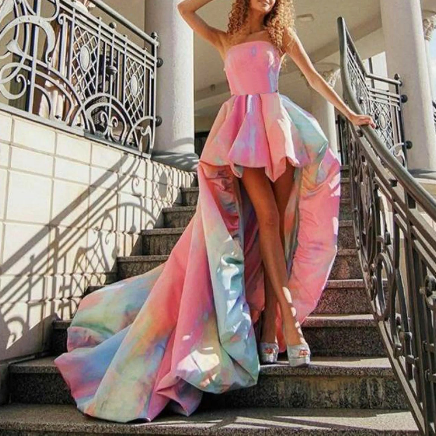 MQTIME - Fashion Sexy Girls Birthday Dress Rainbow Frock Pleated Backless Lace Up Strapless Maxi Party Evening Dress Cocktail Femme Robe