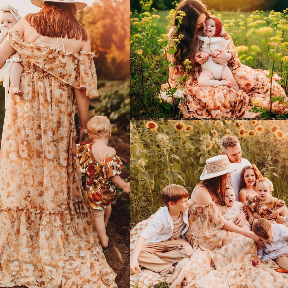 nvxiot - Fall Outfits 2024 Bohemian Photo Shooting Pregnancy Dress Printed Chiffon Off Shoulder Two-Piece Dress Maternity Dresses For Baby Showers