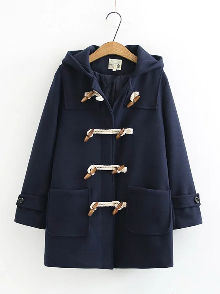 nvxiot - Winter Women Wool Blends Coat Straight Long Hooded Coats Jacket Horn Button Sleeve Preppy Style Female Warmness Outwears
