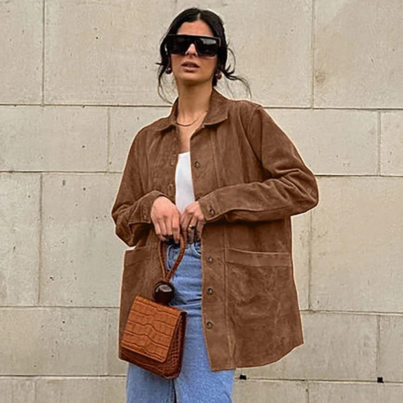 MQTIME - Fashion Suede Turn Down Collar Coat for Women Casual Single Breasted Pocket Loose Female Jackets 2024 Autumn Winter Lady Coats
