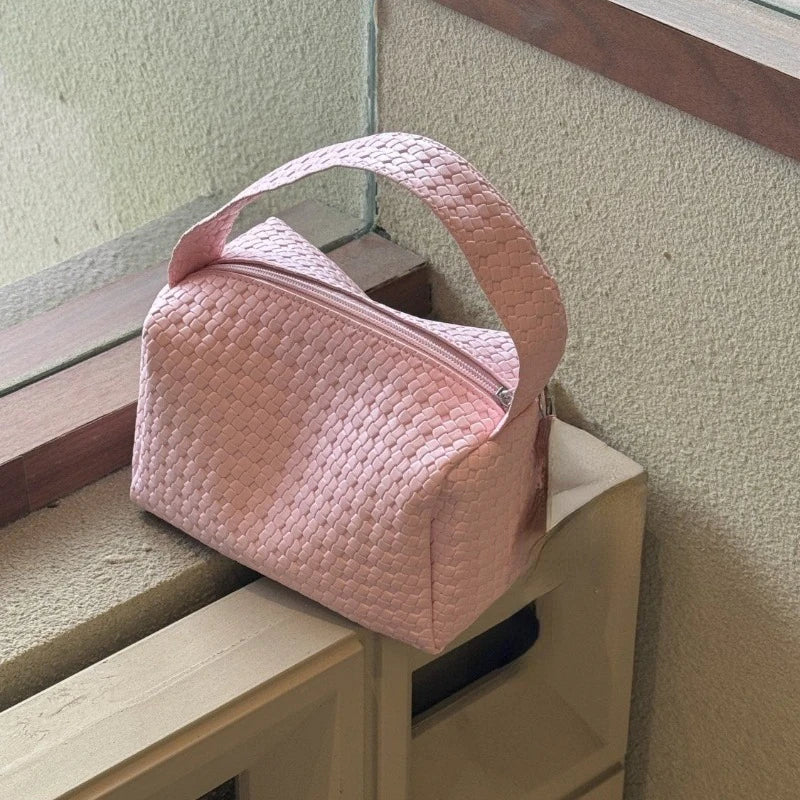 nvxiot - Pink Sweet Handbags for Women Weave Pattern Pu Leather Cosmetic Bag Portable Fashion Small Cute Elegant Ladies New in Bag