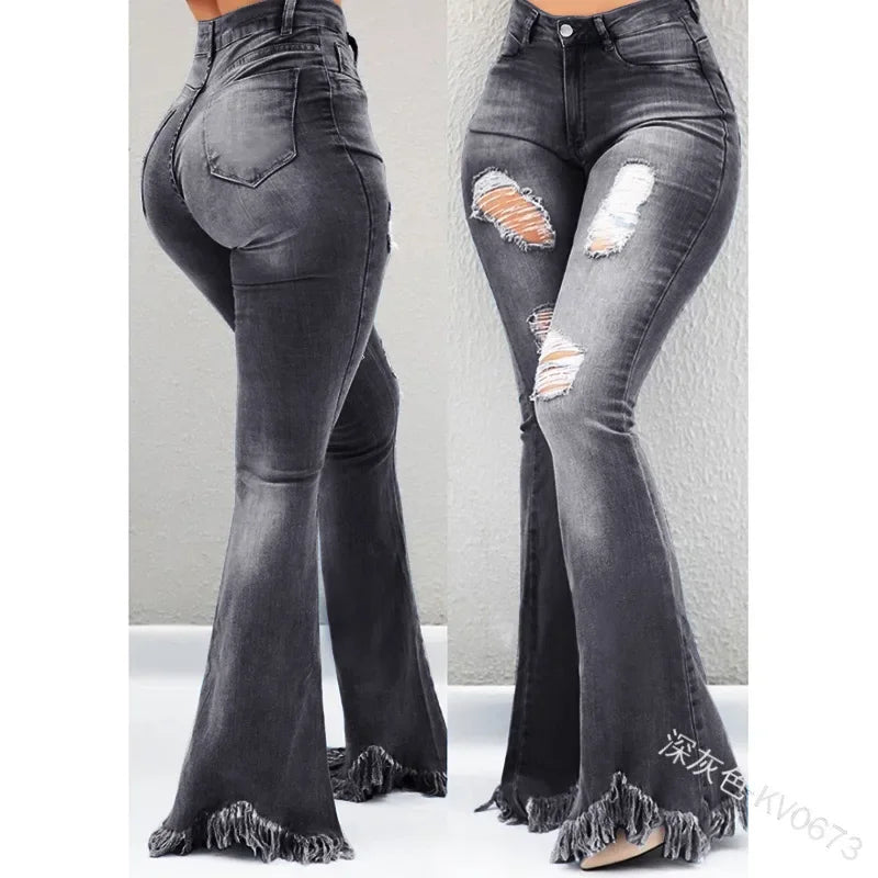 nvxiot - Women Ripped Vintage Fashion All-match Slim Pants Ladies Denim Flare Jeans Denim Skinny Female Wide Leg Hole Trousers Pop