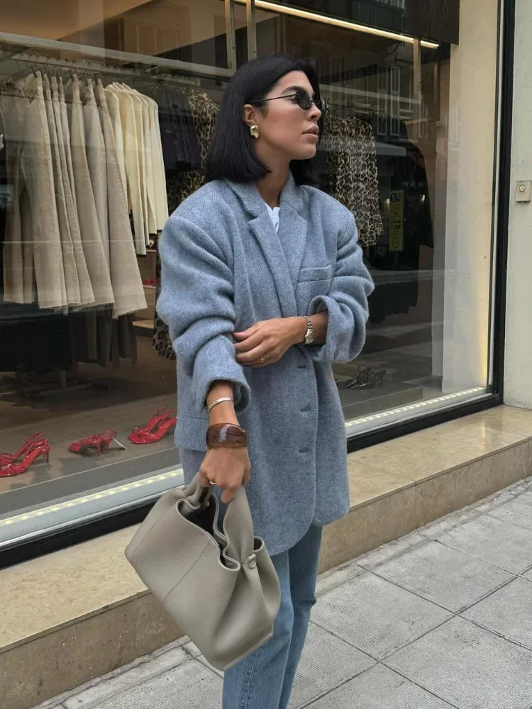 MQTIME - Elegant Single Breasted Woolen Blend Jacket Fashion Women Lapel Long Sleeve Blazer 2024 New Lady Casual Street Commute Outwears