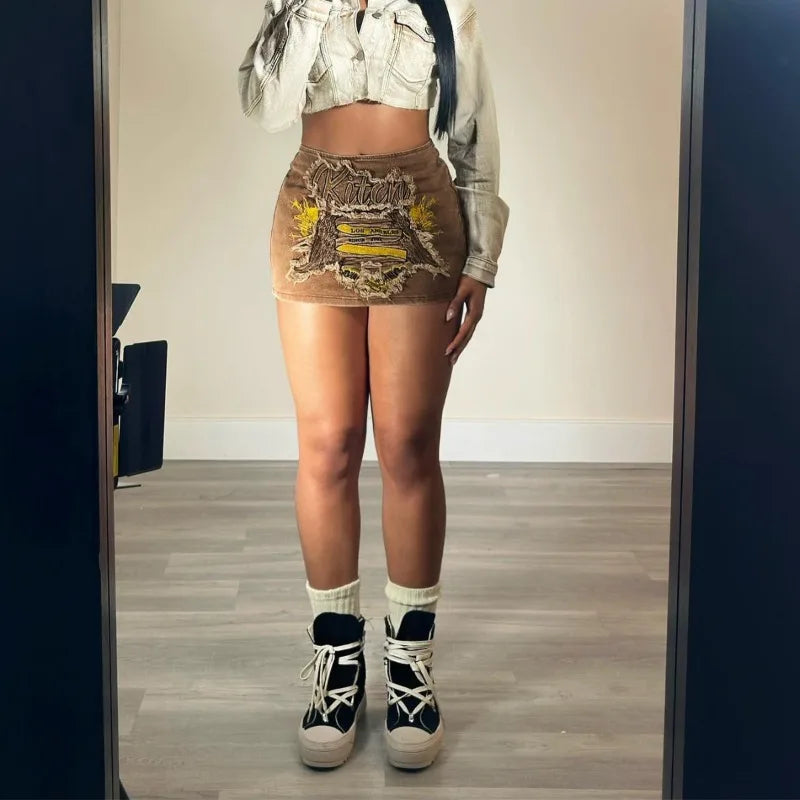 nvxiot - Letter EmbroideryTassel Patch Bodycon Denim Mini Skirts Women Fashion Elastic Waist Zip-up Hipster Jeans Petticoat Streetwear