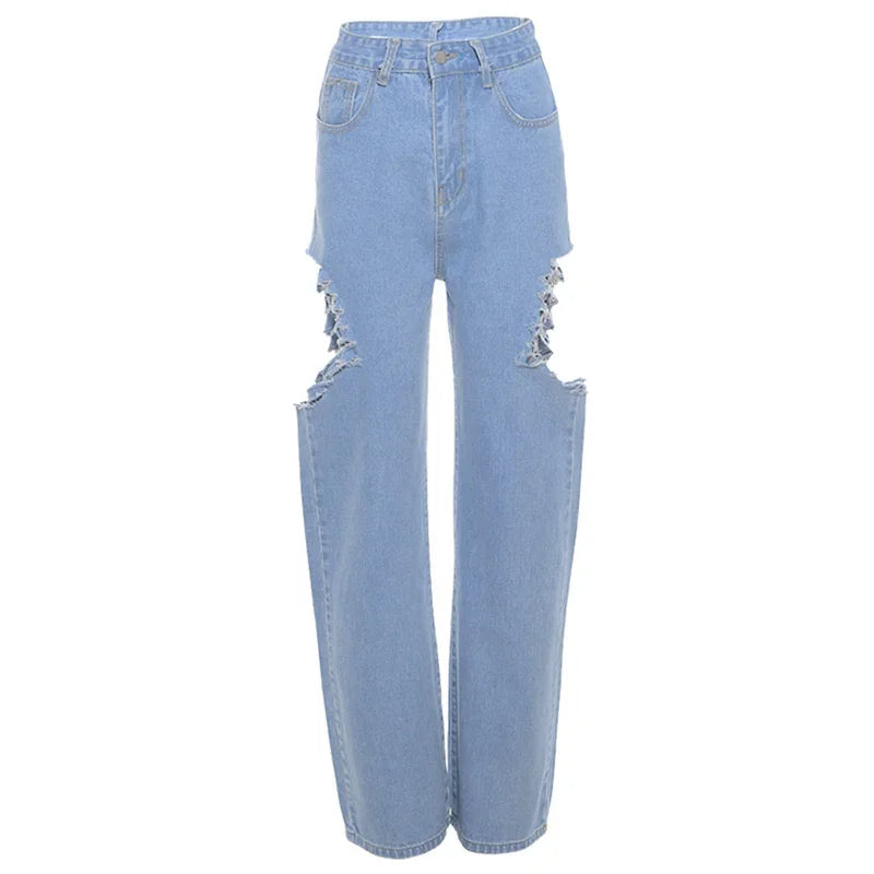 MQTIME - Women Ripped Casual Straight Denim Pants 2024 Baggy Jeans Five Pointed Star Patchwork High Waist Hole Jeans Streetwear Trousers