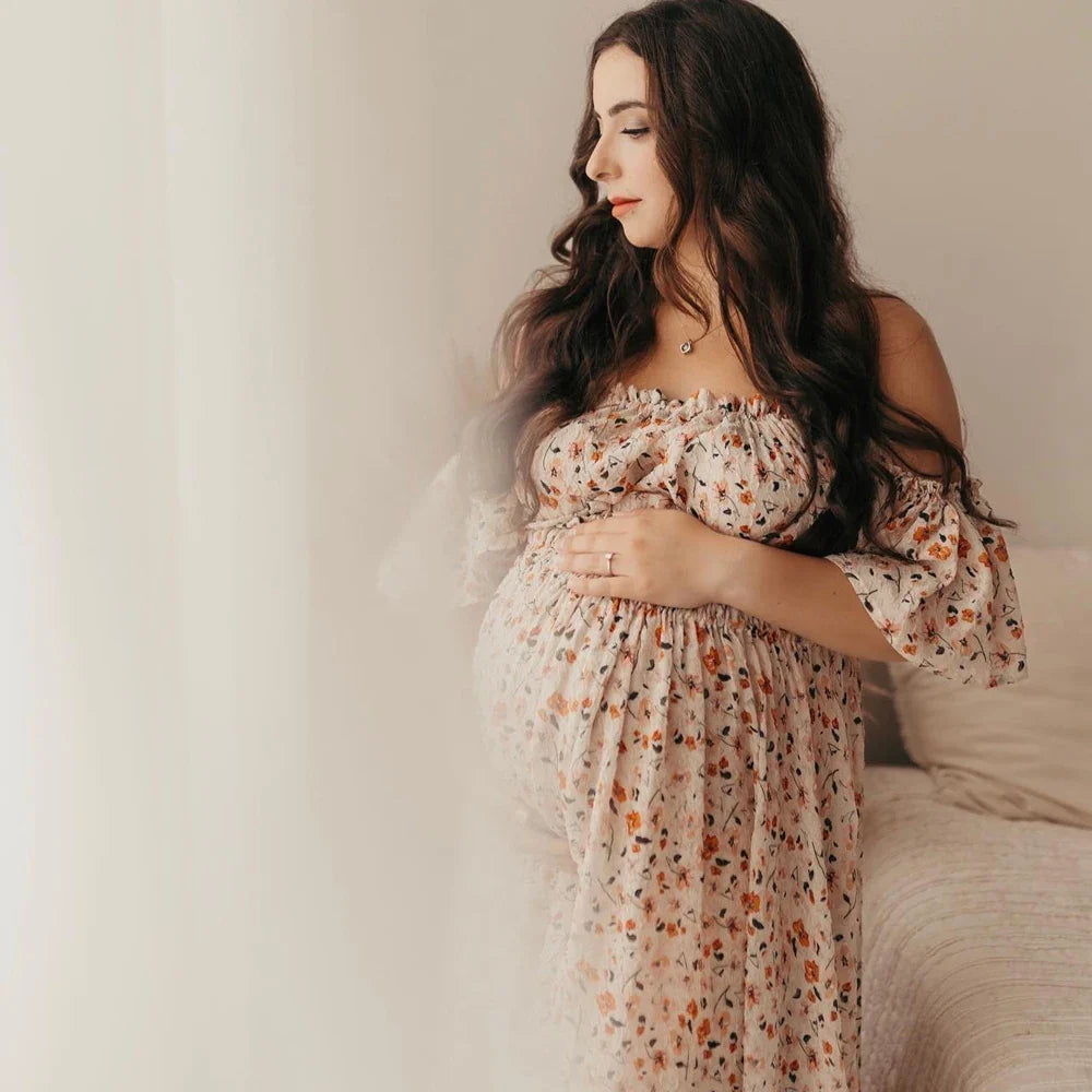 nvxiot - Photoshoot Dress For Women Floral chiffon Two-Piece Long Sleeved&Short Sleeved Short Top Maternity Dresses For Baby Showers
