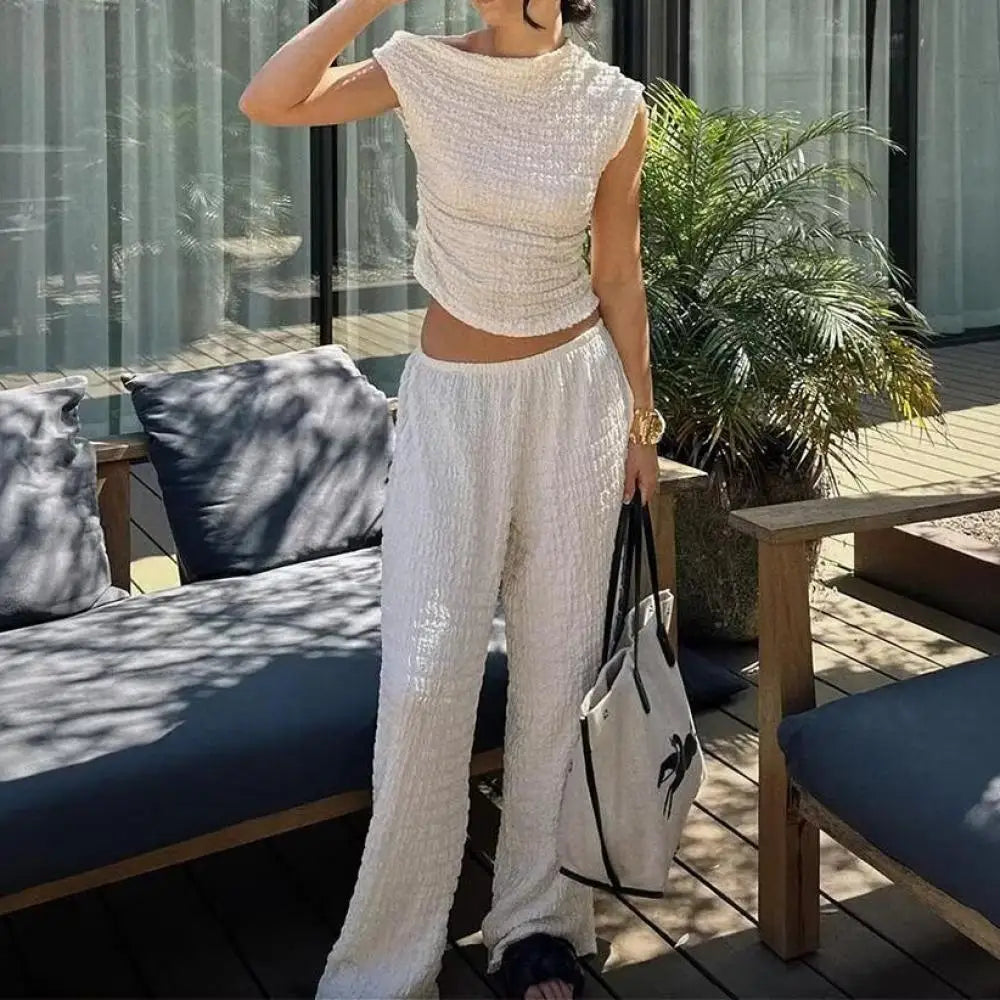 nvxiot - Woman Knitted Wide Leg Pants Set Asymmetric Textured Crop Tops Spring Summer Solid Casual Commuting Suits 2024 Fashion Lady Wear
