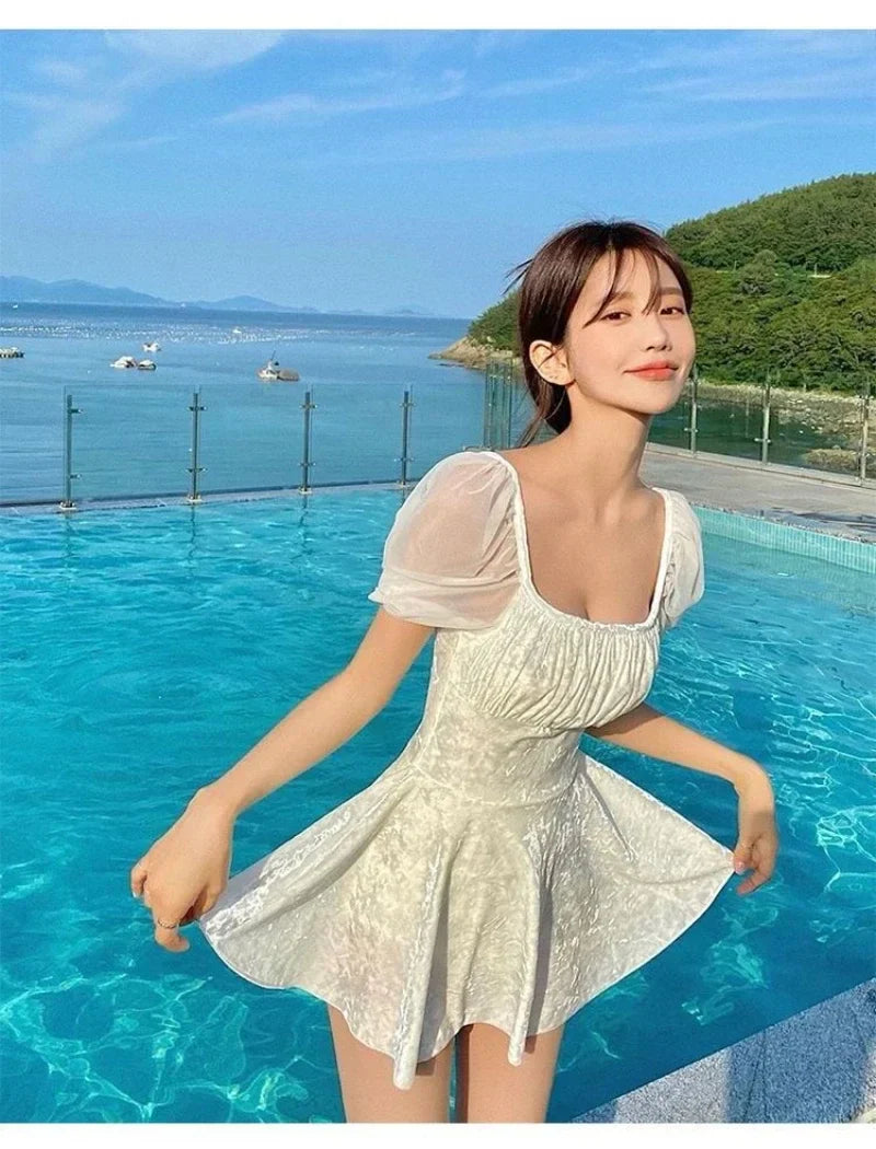 MQTIME - Women One Piece Swimsuit Female Sweet White Beach Suit Beachwear Sexy Japanese New Swimwear Korean with Skirt Backless Y2k Indie