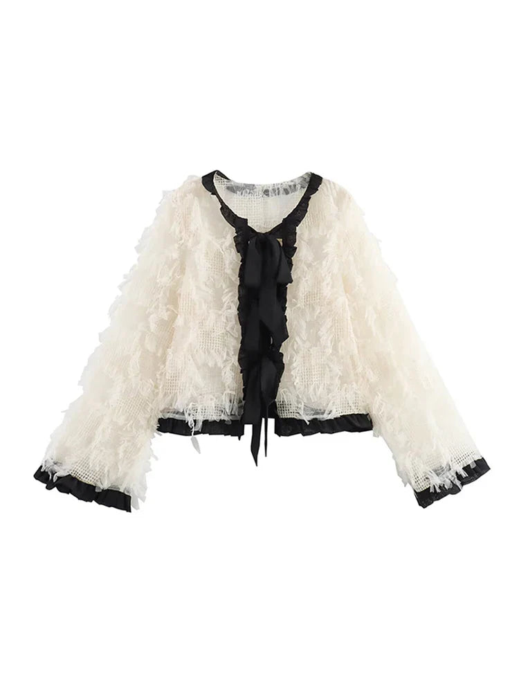 MQTIME - Knitted Mesh Lace Up Shirts Women Elegant Hollow Out Loose Lace Long Sleeve Jacket Coat Female Chic Casual O-Neck Coats Outwear