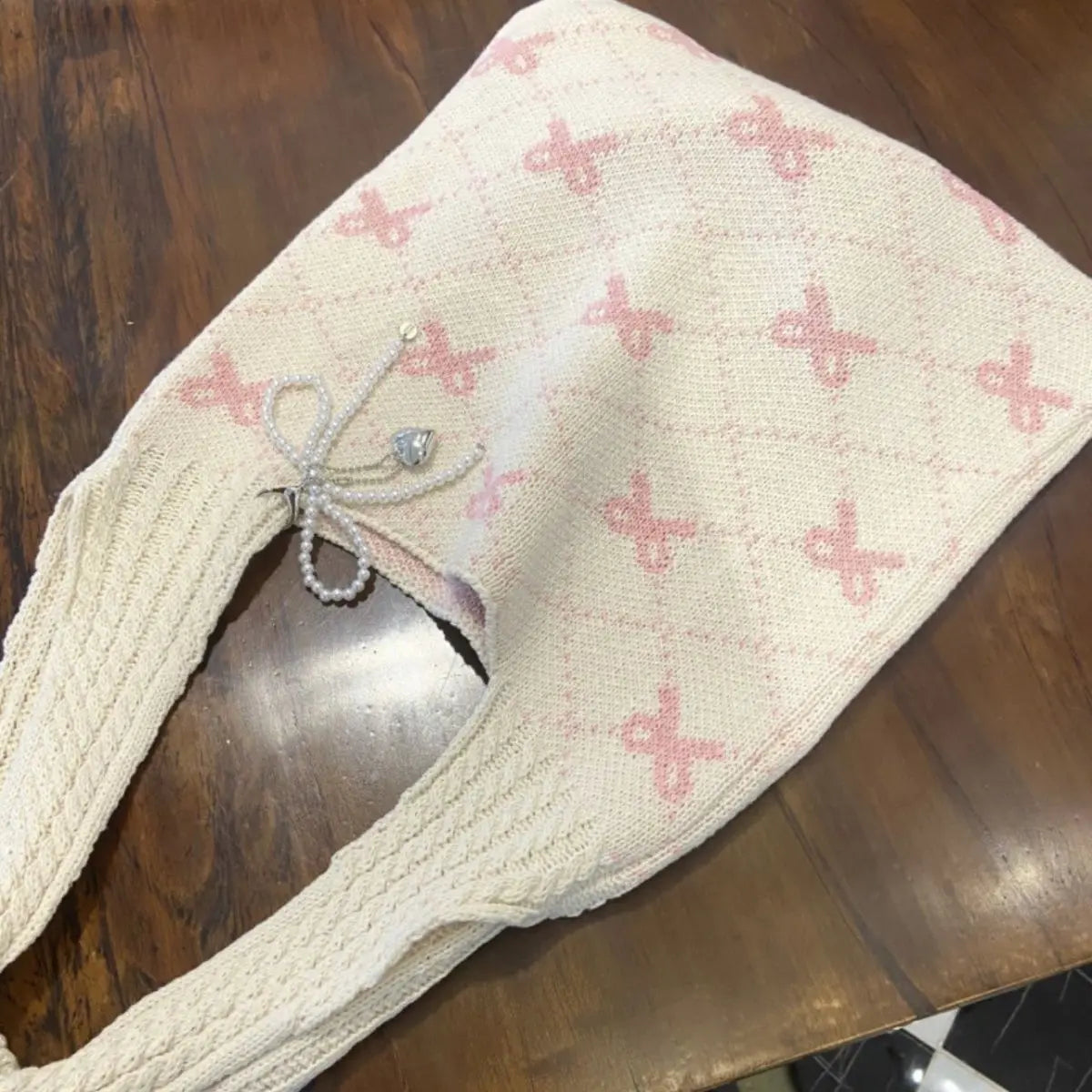 nvxiot - Harajuku Bow Knitted Bag Women Fairycore Aesthetic Large Capacity Casual Tote Bag Female Vintage Y2k Handbag Purse Chic