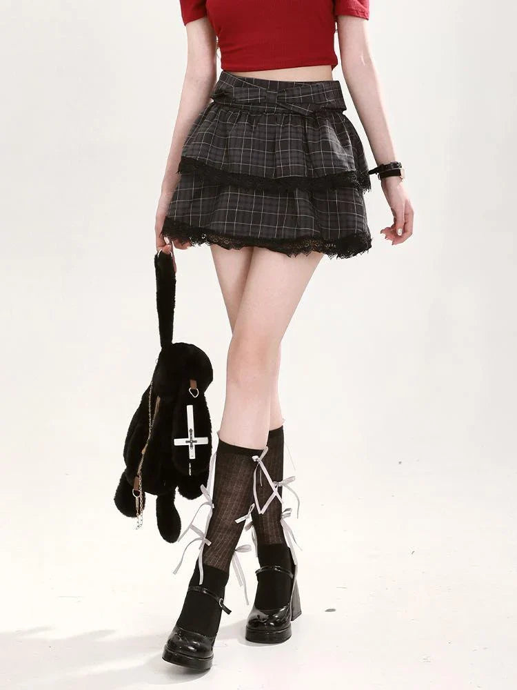 MQTIME - Plaid Mini Skirt Women Lace Patchwork High Wasit Ball Gown Skirts with Bow Korean Fashion Preppy Style Uniform Clothes