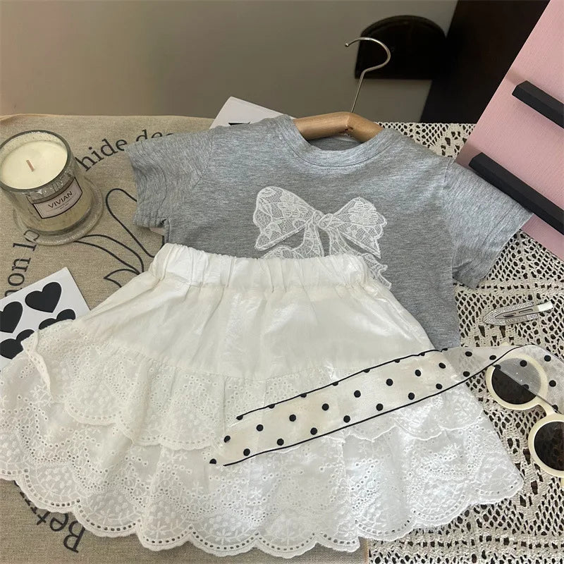 nvxiot - Korean Summer Toddler Girls 2PCS Clothes Set Knotbow Lace Round Collar Tops Hollow Printed Cake Skirt Shorts Babys Girls Outfits