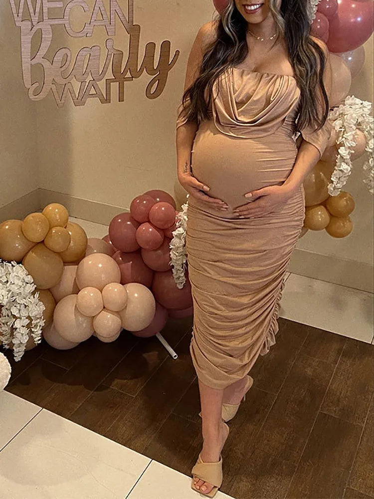 MQTIME - Khaki Ruched Off Shoulder Belly Friendly Baby Shower Pregnant Pregnancy Photoshoot Club Party Tube Bodycon Maternity Midi Dress