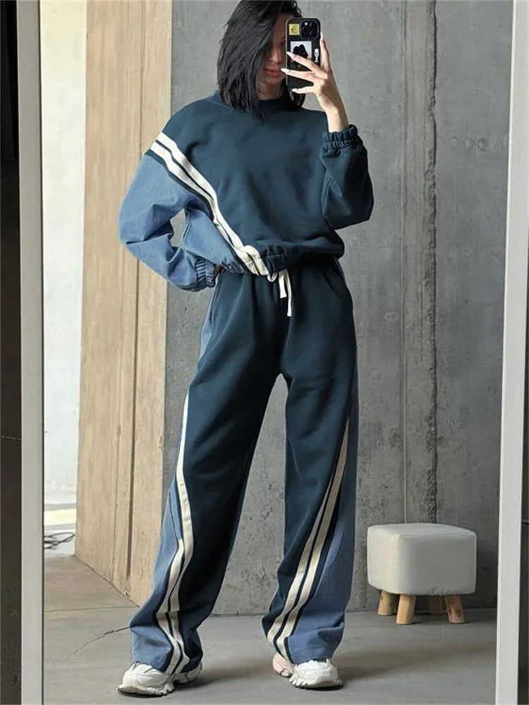 nvxiot - Fall Outfits 2024 Ladies 2 Piece-Set Drawstring Trousers Contrast Lace-Up Autumn 2024 Pullover And High Waist Women Pants Outfits Tracksuit
