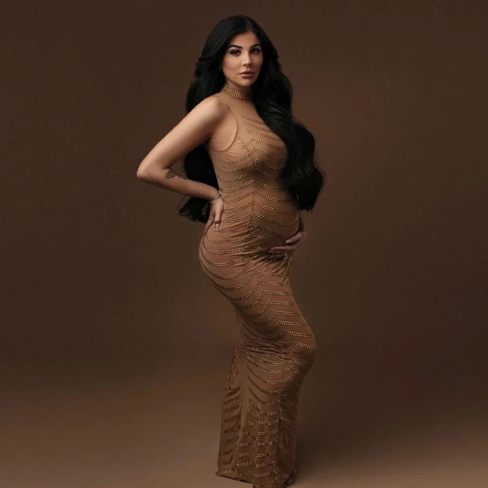 nvxiot - Maternity Halter Rhinestone Maternity Photography Dresses Crystal Stretchy Skinny Sleeveless Maternity Photo Shoot Long Dress