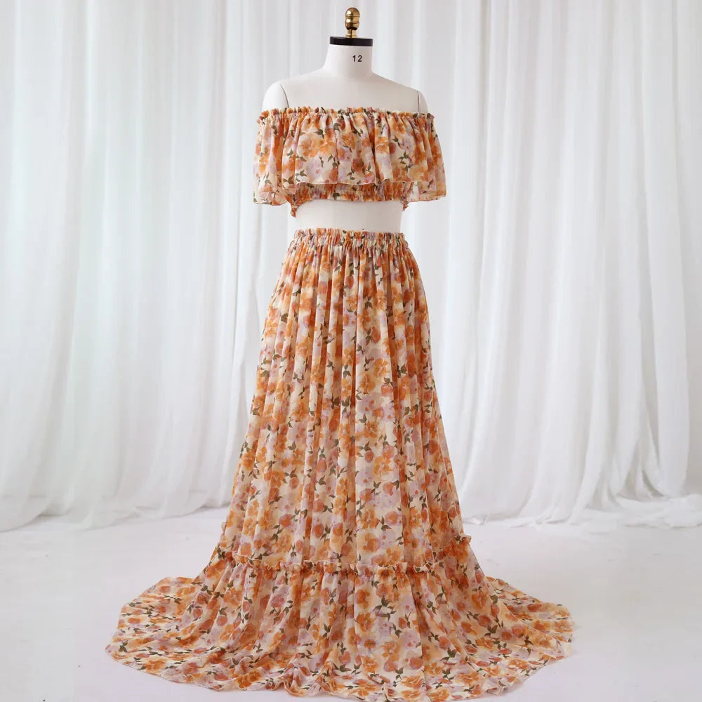 nvxiot - Fall Outfits 2024 Bohemian Photo Shooting Pregnancy Dress Printed Chiffon Off Shoulder Two-Piece Dress Maternity Dresses For Baby Showers