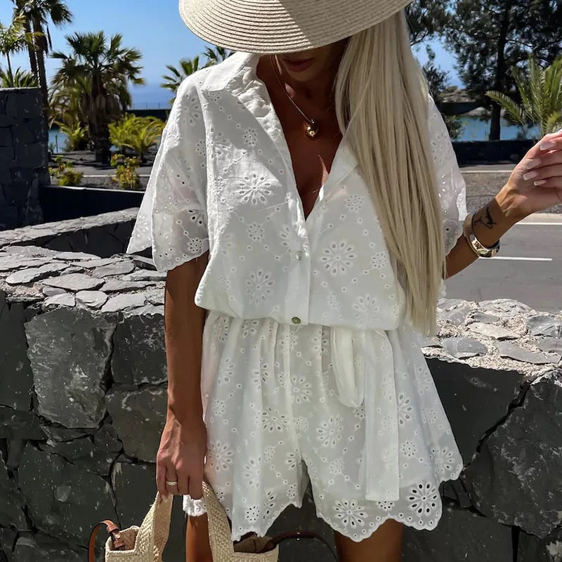 MQTIME - New Summer White Casual Lapel Shorts Playsuits Sexy Lace Embroidered Hollow Shirt Jumpsuit Ladies Fashion Lace Up Holiday Romper