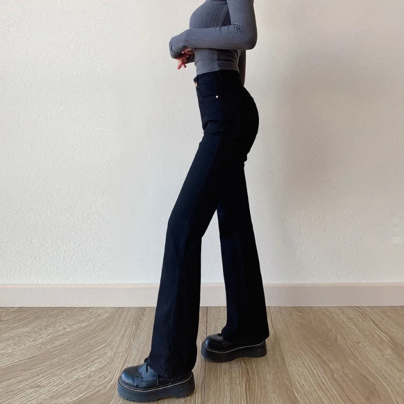 nvxiot flared jeans women straight leg solid color temperament street wide leg pants spice girl high waist women's denim trousers