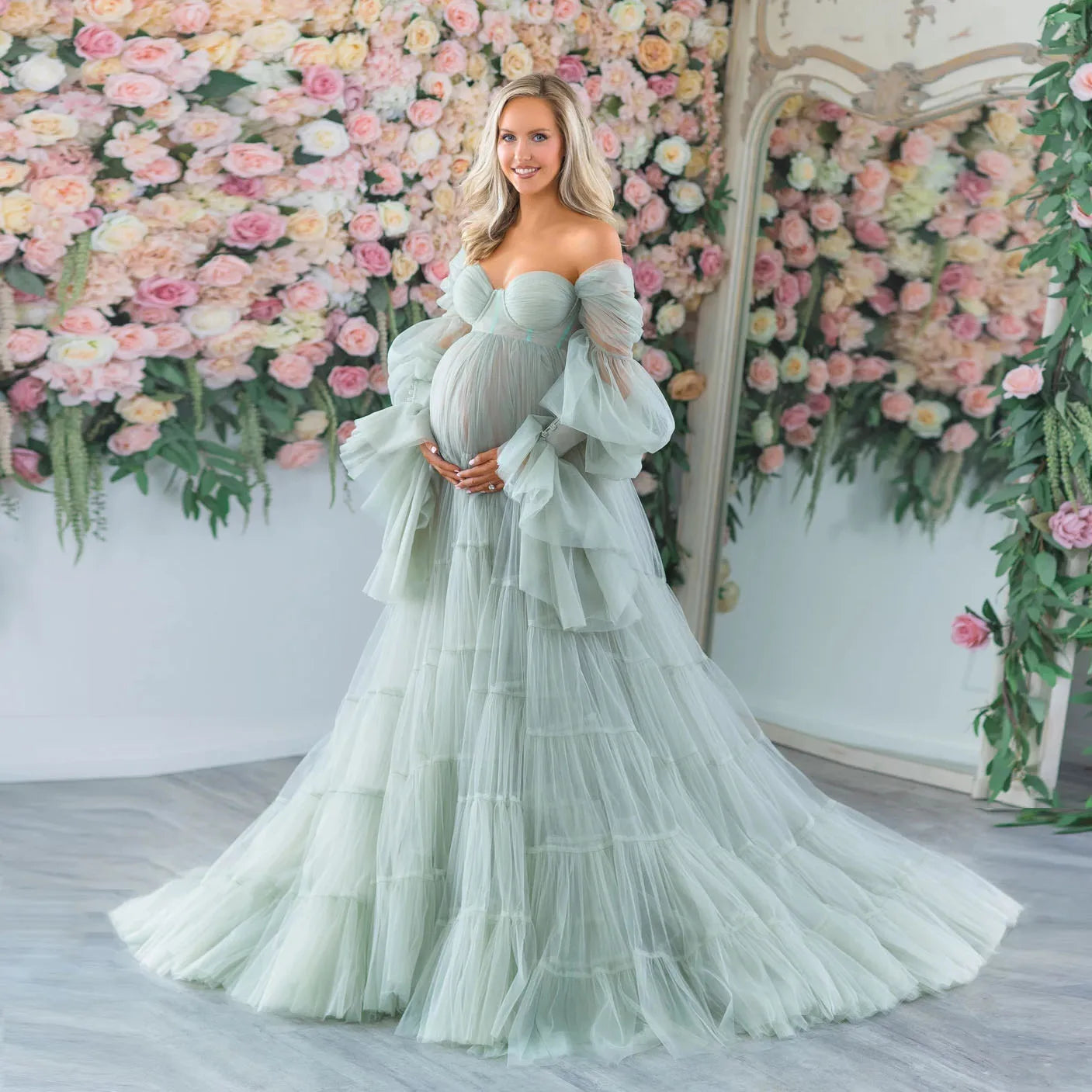 nvxiot Elegant Tulle Maternity Dress for Photoshoot Ruffle Puff Sleeves Bridal Robe Maternity Gowns Green Pregnancy Photography Dresses