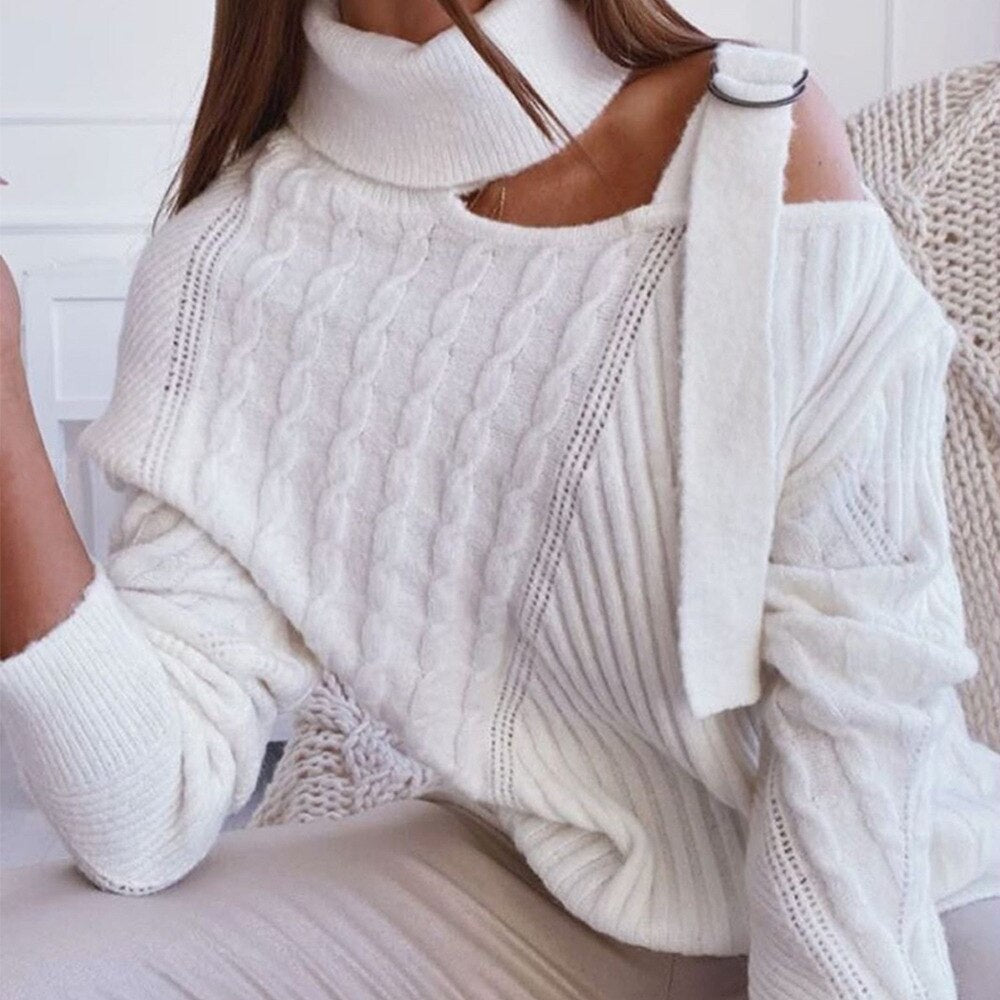 nvxiot knitted hollow out sweater pullovers female one shoulder belt turtleneck oversized sweater streetwear casual vintage top