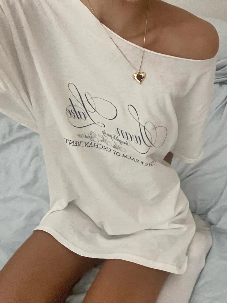 MQTIME - Streetwear Vintage Tshirt Women Letter Print Oversize Tee Short Sleeve Korean Fashion Off Shoulder Aesthetic Office Lady