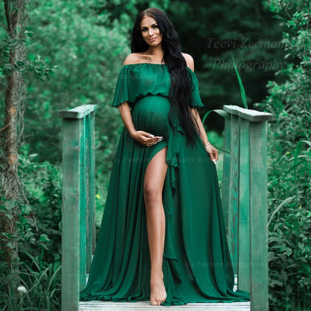 nvxiot - Maternity Photography Dress Shoulder Ruffle Sleeve Chiffon Dress Baby Shower Dress Bohemian Photo Shooting Pregnancy Dress