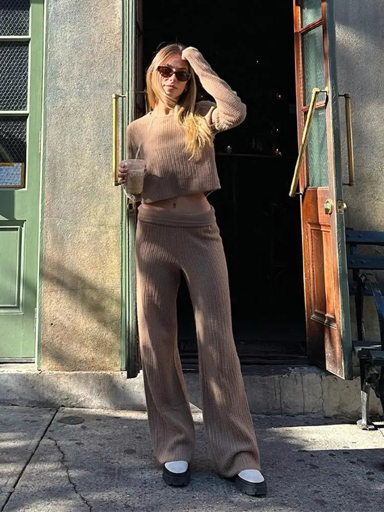 nvxiot Fashion Knitted 2 Piece Suits for Women Long Sleeve O Neck Top And High Waist Pencil Pants Set Autumn Winter Female Outfit