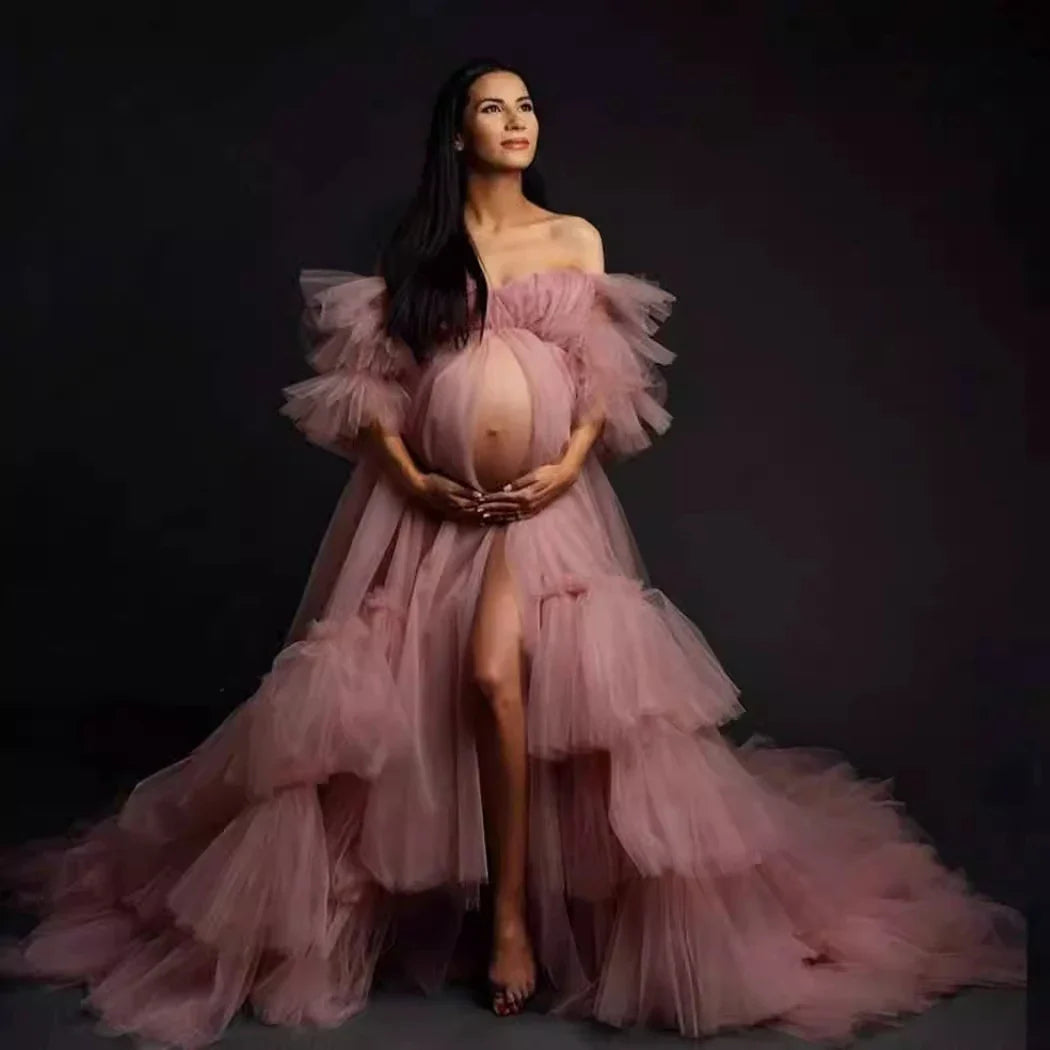 nvxiot - Elegant Tulle Cardigan Maternity Dress For Photoshoot Long Pleated Hem Detachable Sleeves Pregnant Women Dress For Wedding Guest