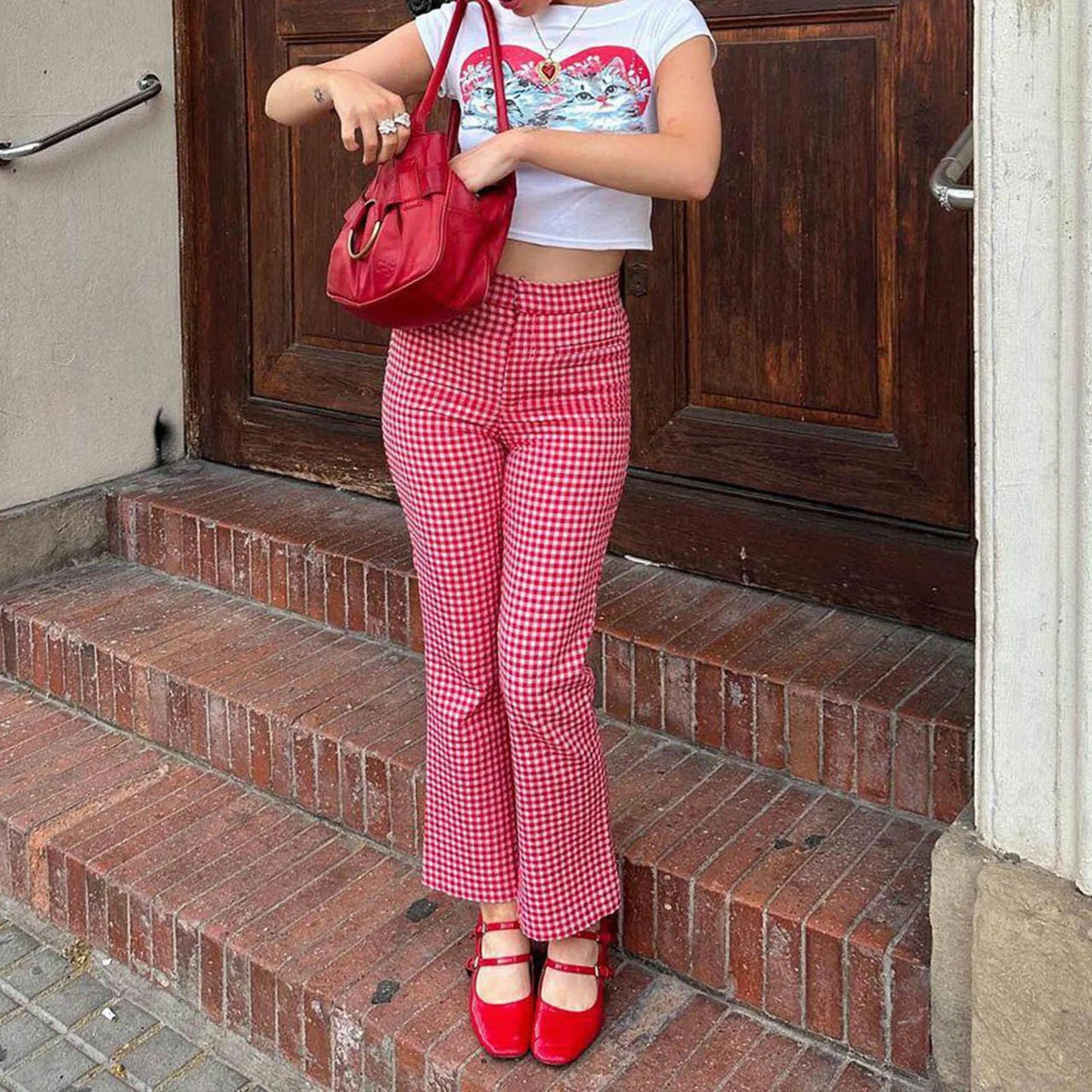nvxiot - Womens Plaid Wide Leg Flare Pants High Waist Baggy Checkerboard Printed Straight Leg Trousers Joggers Streetwear