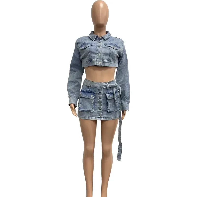nvxiot - Women Jeans Cargo Two Piece Set Turn Down Collar Long Sleeve Single Breasted Crop Jackets Top Pockets Belt Mini Skirts Suits