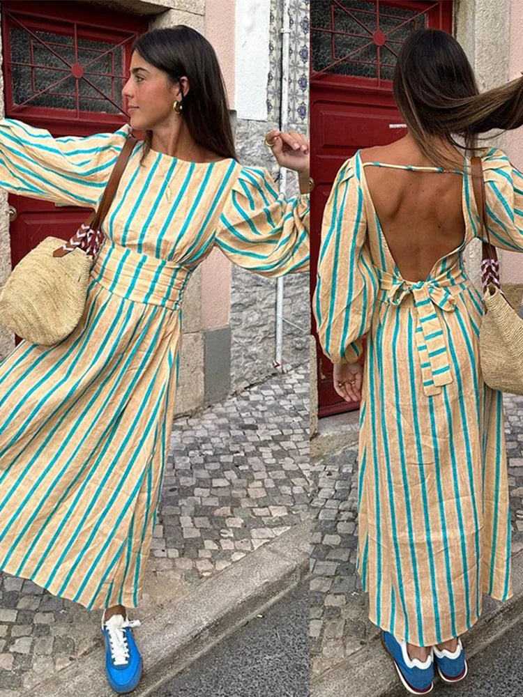 MQTIME - Casual Stripe Backless Long Dresses Women Elegant Loose Backless Lace Up Lantern Sleeve Female Dress Summer Holiday Lady Robe