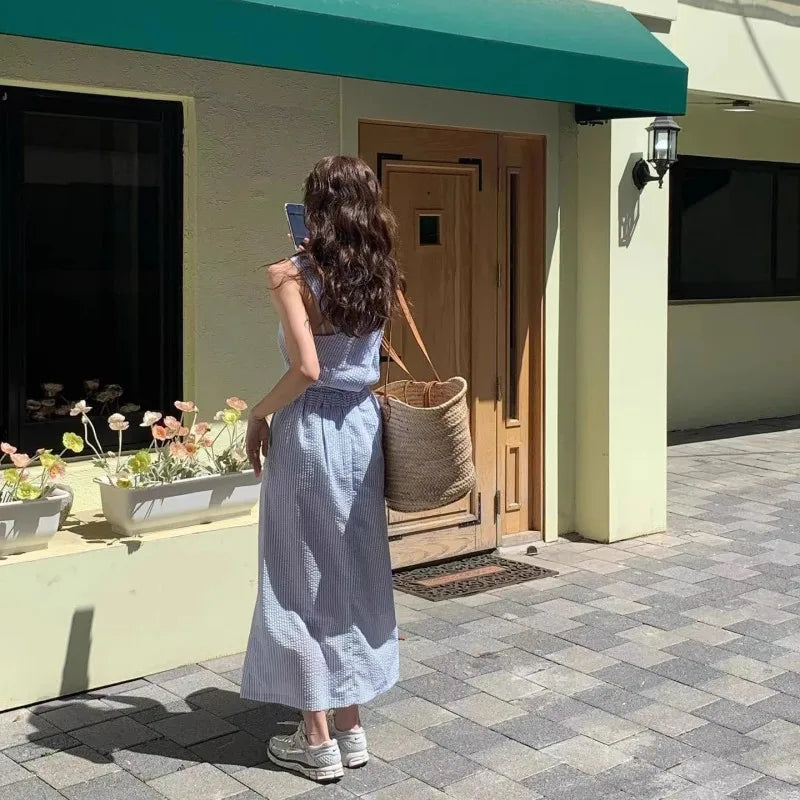 nvxiot - Refreshing Summer Style Square Neck Blue Stripe Sleeveless Tank Top Paired With High Waist Slim Skirt Two Piece Set