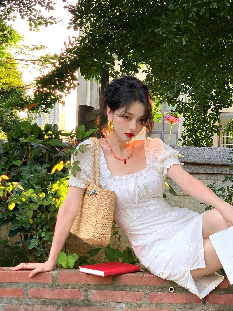 MQTIME - French White Moonlight Square Neck Bubble Sleeve Dress Women's Summer Lace Fragmented Short Skirt Women's Summer