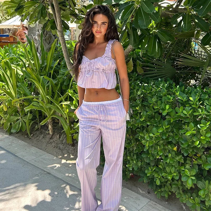 MQTIME - Striped Lace Up Women Trouser Suits Sleeveless Backless Ruffles Strap Crop Top High Waist Pants 2024 Summer New Chic Lady Sets