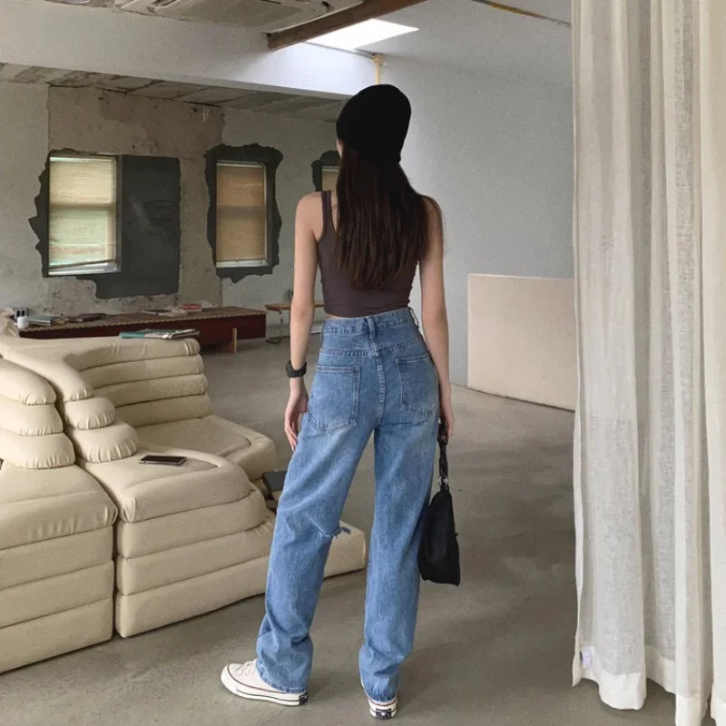 nvxiot - New Summer Women High Waist Straight Jeans Street Style Casual Ripped Hole Jeans Female Blue Washed Loose Pop Denim Pants