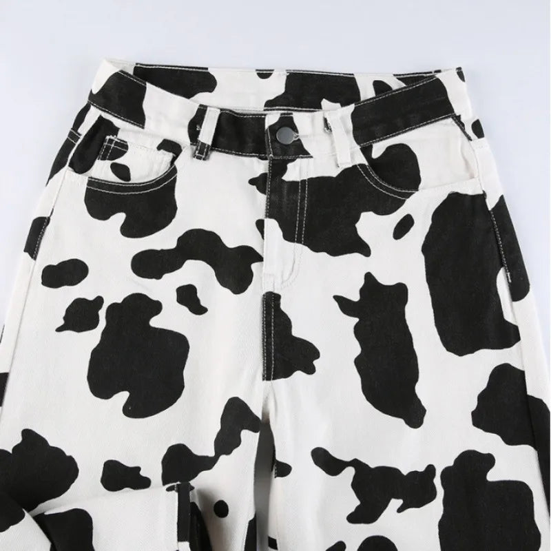 MQTIME - y2k Woman Pants Sexy High Waisted Pants Straight Trousers Cow Pattern Leg Street Style Single Breasted Printed Womens Trousers