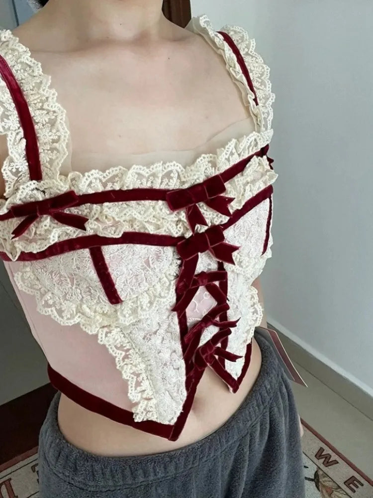 MQTIME - White Lace Patchwork Pink Tank Tops Sexy Sweet Bow Y2k Crop Top for Women Kawaii Lolita Cutecore Camis Korea Clothing