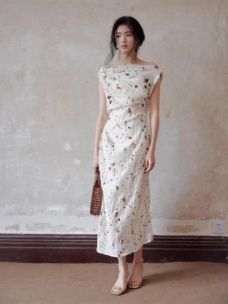 MQTIME - White Printed One Line Collar Dress For Women With Retro Slim Fit, Pleated Feeling, Off The Shoulder Asymmetrical Elegant Long S