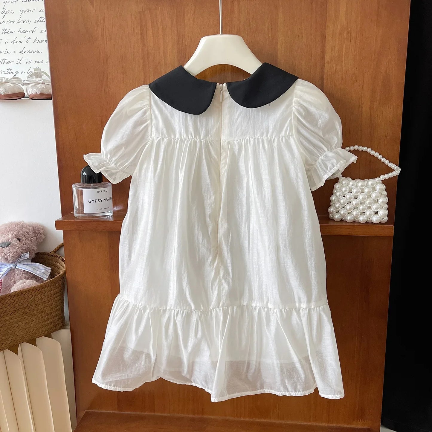 MQTIME - Summer Korean Children Girl Dress Cotton Patchwork Turn Down Collar Short Sleece Baby Girl Dress Loose Tulle Toddler Girl Dress