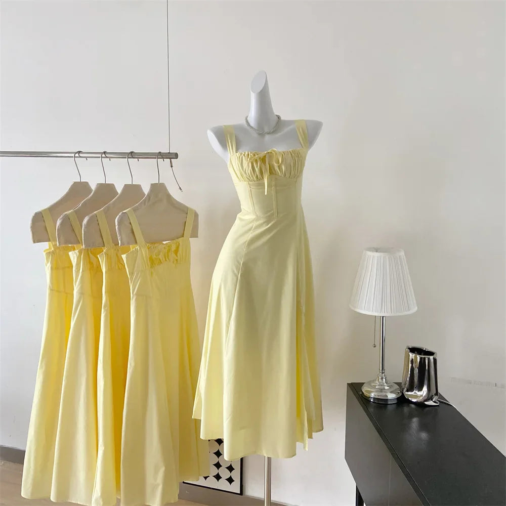 MQTIME - French Vintage Strap Birthday Party Dress High Split Lace-up Summer Off Shoulder A-line Sleeveless Prom Robe Solid Vestido Mujer