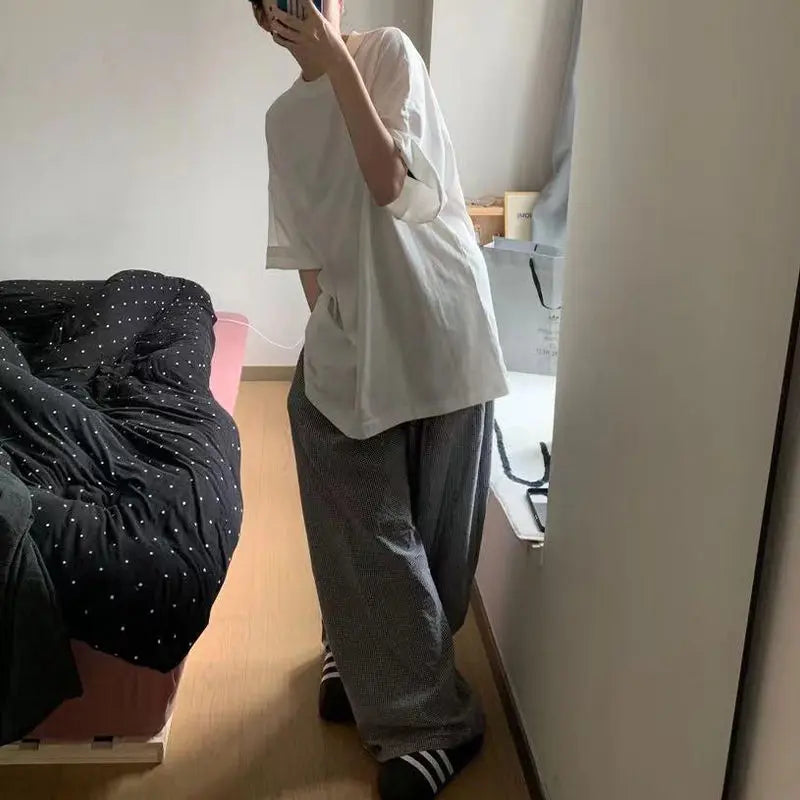 nvxiot - Spring New Korean Style Home Wear Casual Lazy Small Plaid Loose Wide Leg Pants for Women High Waist Sportpants Women Clothing