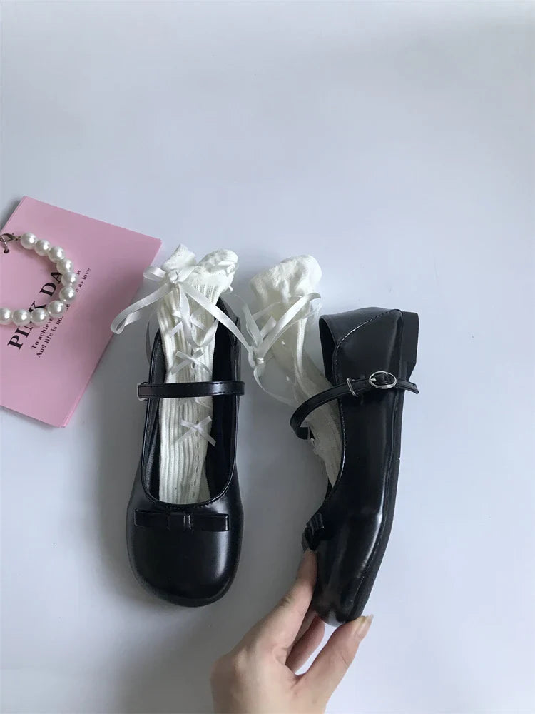 MQTIME - Silver French Fashion Bow Flat Women's New Summer Retro Pu Leather Shoes Elegant Feminine Lolita Mary Jane Shoes