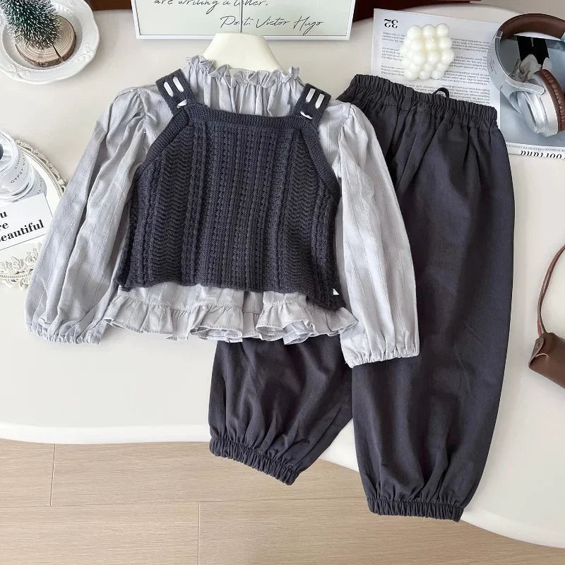 MQTIME - 3Pcs Girls Clothes Sets Autumn Spring Long Sleeve Shirt+Knitted Vest+Pants Children Casual Clothing Suits Kids Outfits Set 2-7Y