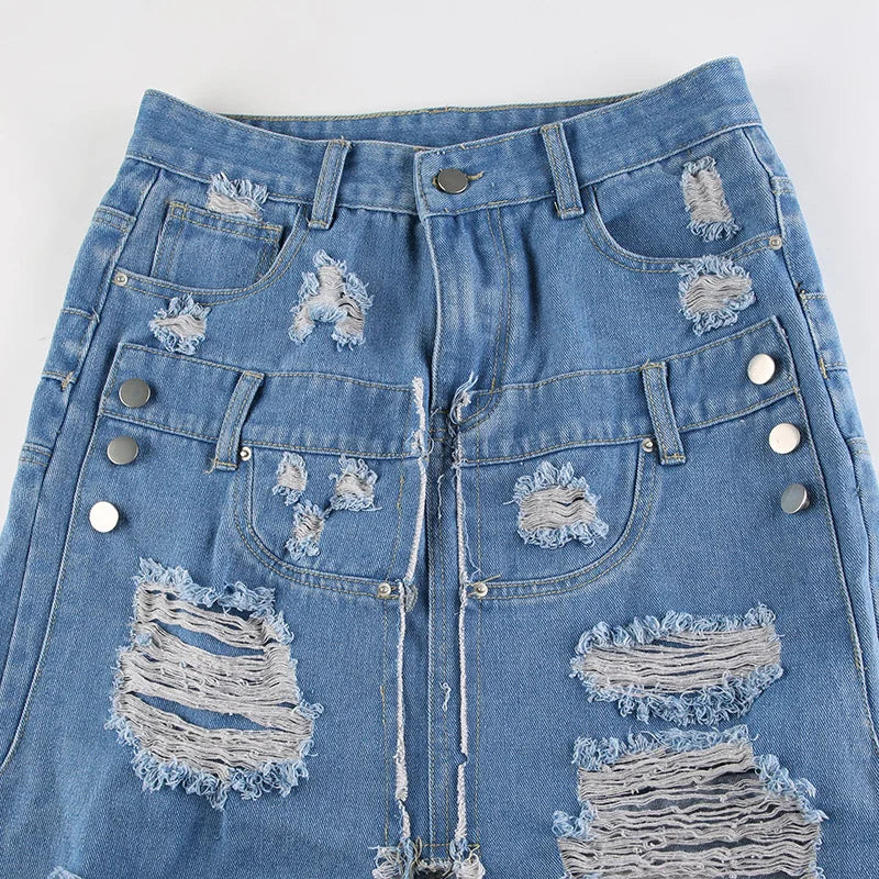 nvxiot - Tassel Hole Denim Maxi Skirts Women High Waist Button Fly Split Ripped Long Jeans Skirt Fashion Casual Streetwear Bottoms