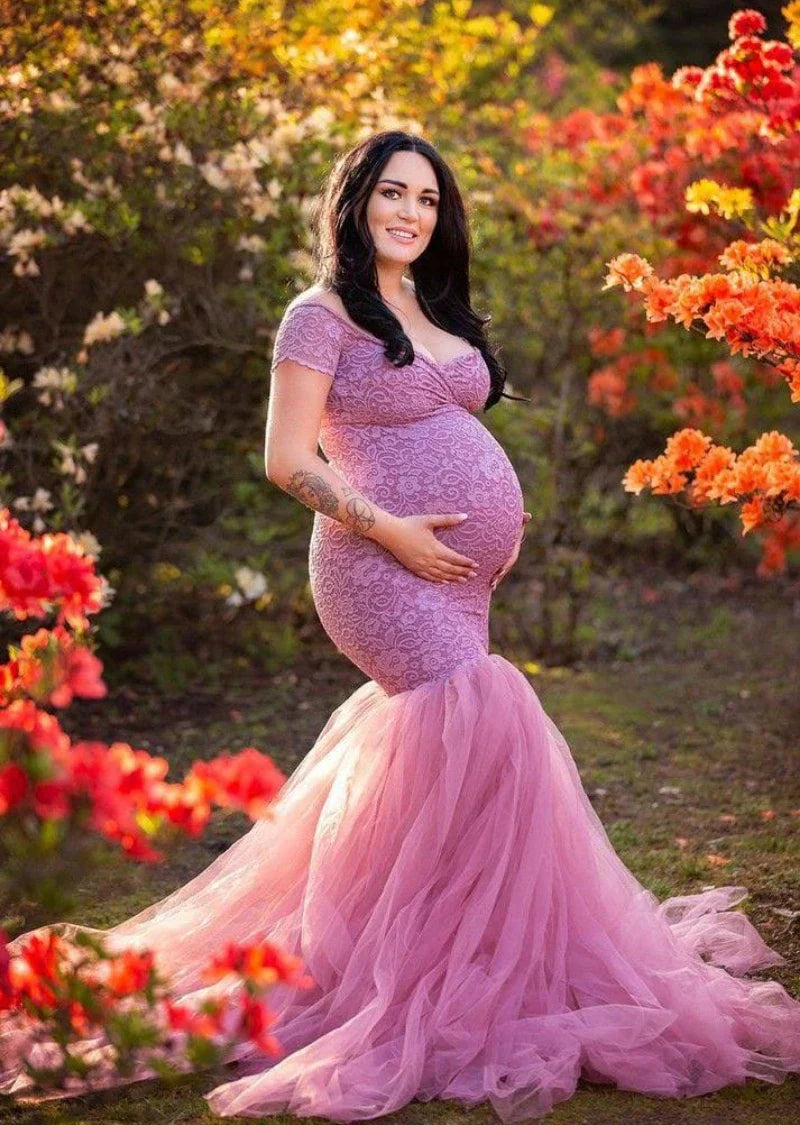 nvxiot - Elegant Mauve Lace Tulle Patchwork Maternity Mermaid Dress Photoshoot Short Sleeved Pregnant Fishtail Dresses Bride Gown