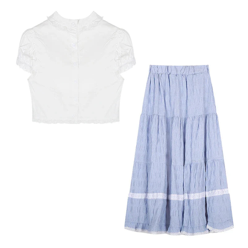 MQTIME - Elastic Waist Cotton Plaid Skirt with White Lace Hem Midi Long Skirts Women Summer #e-girl fairycore 2000s aesthetic korean cute