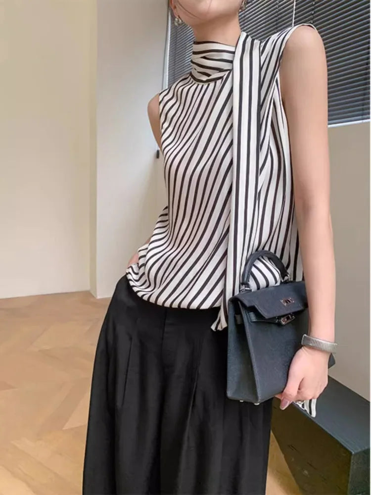 MQTIME - Black White Stripe Tank Tops for Women Sleeveless Bow Lace Up Collar Crop Top Office Lady Elegant Chic Clothing Summer