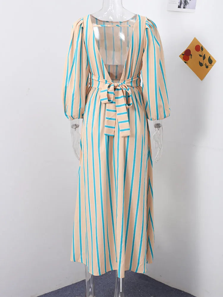 MQTIME - Casual Stripe Backless Long Dresses Women Elegant Loose Backless Lace Up Lantern Sleeve Female Dress Summer Holiday Lady Robe