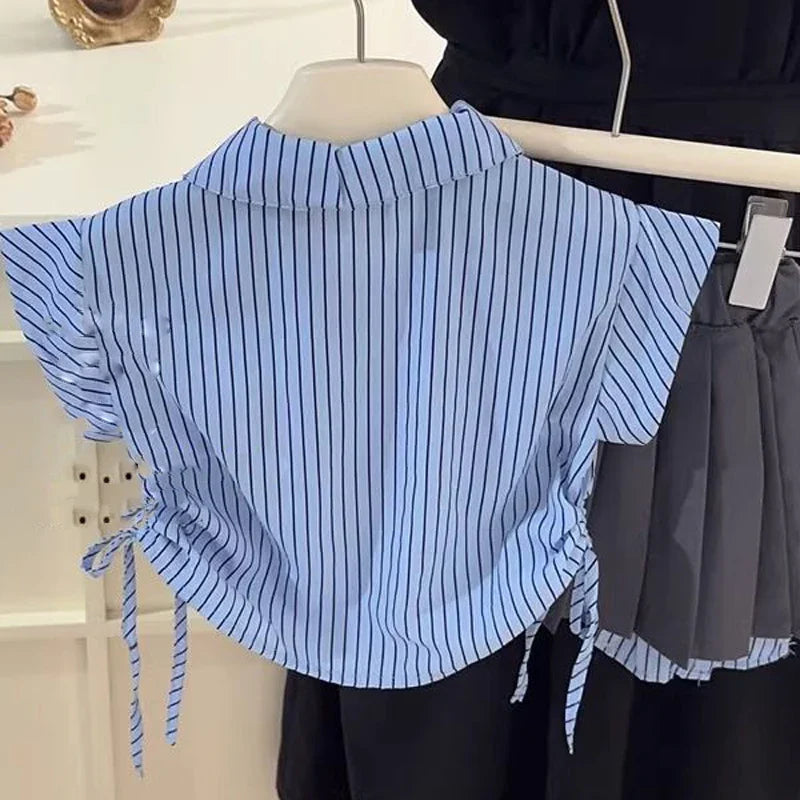 MQTIME - Children's Clothing Suit Summer Girl Campus Fashionable Stripe Flying Sleeve Shirt Top+ Irregular Short Skirt School Uniform