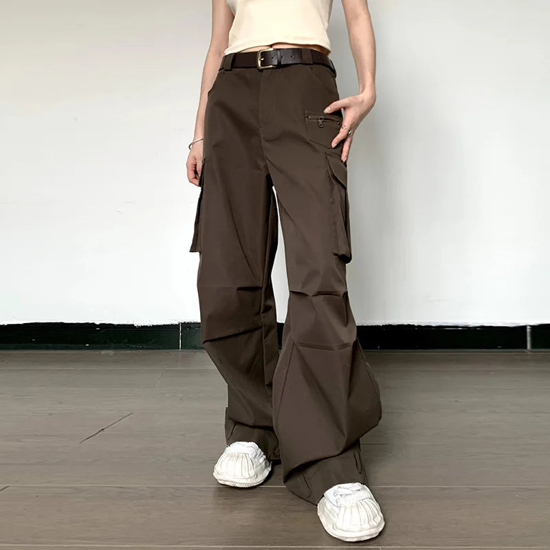 nvxiot - Zipper Pockets High Waist Solid Y2K Streetwear Wide Leg Women'S Cargo Pants Casual Daily Vacation Wholesale Clothing